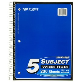 Top Flight Standards 5-Subject Wirebound Notebook, 200 Sheets, 3-Hole Punched, Wide Rule, 10.5 x 8 Inches, 1 Notebook, Color May Vary (31412)