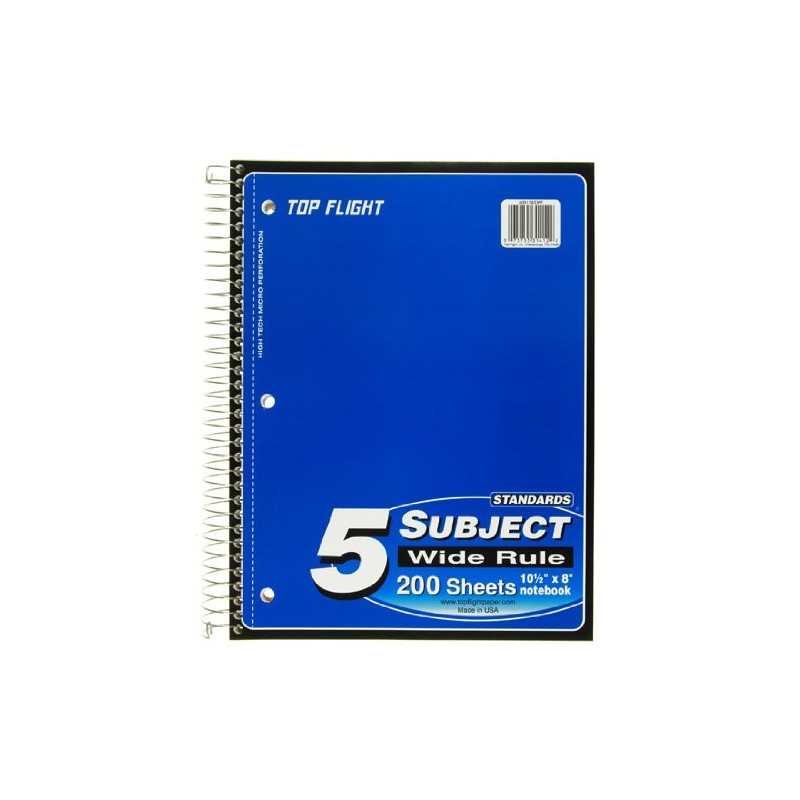 Top Flight Standards 5-Subject Wirebound Notebook, 200 Sheets, 3-Hole Punched,