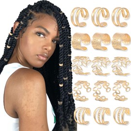 NAISKA 15PCS Hair Clips, Gold Hair Braid Beads Clips, Dreadlock Accessories, Non-Piercing Metal Braid Cuffs, Coils Locs Jewelry for Women Men Hair Accessories