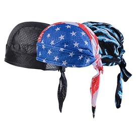 Vertvie Pack of 3 Headscarf Breathable Sports Bandana Cap Biker Scarf Bandanas Hat Cycling Hat Men Women, Black + flag print + flash print, One Size
