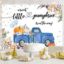 Aperturee Little Pumpkin Baby Shower Decorations Backdrop 9x6ft A Little Sweet Pumpkin is On The Way Blue Truck Leaves Balloons It's a Boy Photography Background Fall Autumn Party Banner Photo Booth…