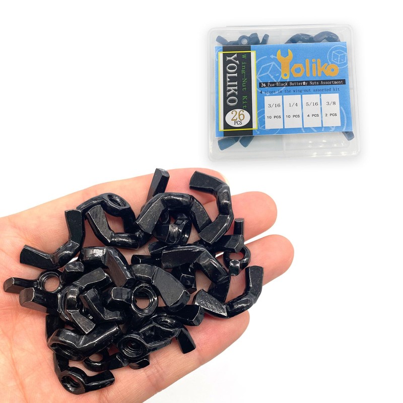 Yoliko 26 Pcs 4 Sizes 3/16",1/4",5/16",3/8" Wingnuts, Quality Carbon Steel