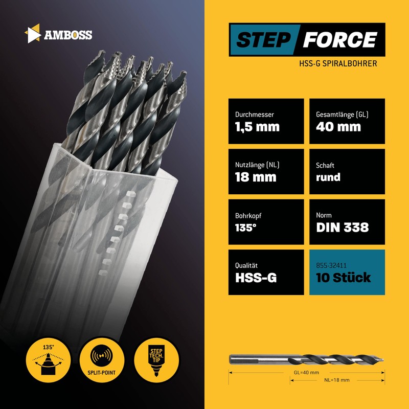 10x Spiral Drill Bit Step Force Diameter 1.5 mm -