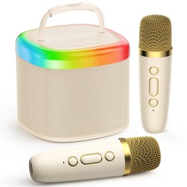 JYX Mini Karaoke Machine for Kids, Portable Bluetooth Karaoke Speaker Unpowered Cabinets with 2 Wireless Microphones and Party Lights for Adults, Birthday Gifts for Girls Boys Family Home Party(Beige)