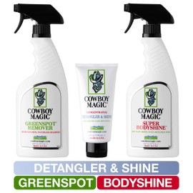 Cowboy Magic Greenspot + SuperBody Shine 16 Ounce each With Detangler & Shine 4 Ounce