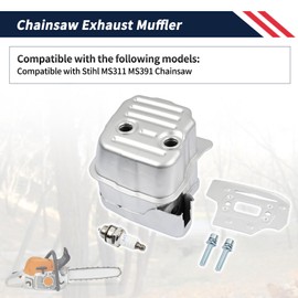 Promrmr 1140 140 0657 Exhaust Muffler Compatible with Stihl MS311 MS391 Chainsaw, Chainsaw Silencer Parts Metal Including (Muffler+Gasket+Spark Plug+Screw) Replace 11401400657 1140-140-0657