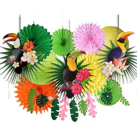 Tropical Bird Toucan Leaf Garland Party Kit for Summer Hawaiian Luau Tiki Tropical Jungle Themed Party Decorations Luau Party Supplies Decor with Palm Leaves Paper Fan Paper Lanterns