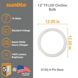 Sunlite 12" T9 LED Circline Bulb, 16W, 120-277V, Non-Dimmable, 1600 Lmns, G10Q 4-Pin Base, CCT Selectable 30K/40K/50K/65K, ETL Listed LED Replacement for Fluorescent Circline, Ideal for Ceiling Lights