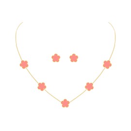 JIEMUCHU Gold Plated Stainless Steel Four Leaf Clover Necklace and Stud Jewelry Set for Women (Pink-Gold Plated)