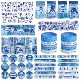 LSJDEER 134 PCS Hockey Party Favors Set - 41 Stickers, 12 Goodie Bags,12 Button Badges,12 Slap Bracelets, 12 Tattoo Stickers, 12 Bracelets for Ice Hockey Sports Party Birthday Gift Supplies