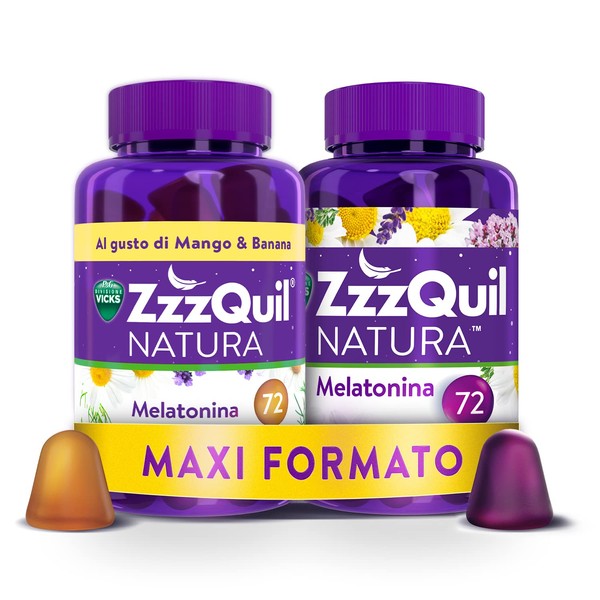 ZzzQuil Natura Supplement with Pure Melatonin and Valerian Extracts for Sleeping, Chamomile and Lavender, Maxi Size 2 x 72 Gummy Tablets, Mango and Banana Flavour, Berries