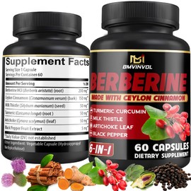 Berberine Supplement with Ceylon Cinnamon, Turmeric, Artichoke, Milk Thistle - Berberine HCl Supplement Pills - 60 Capsules [2-Month Supply]