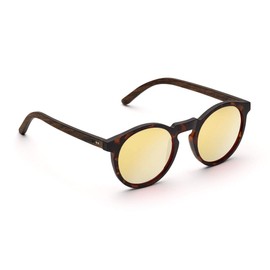 TAKE A SHOT Wooden Sunglasses Round Women Men Slim Round Lenses UV400 Sunglasses Wood, Walnut / Havana / Gold Mirrored