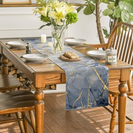 Table Runner Washable Modern 40 x 140 cm Linen Table Runner Mediterranean Blue Gold Marble Golden Texture Abstract Table Runner Colourful Vintage Table Runner for Dining Table Kitchen Table Living
