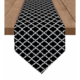 Morocco Cotton Linen Table Runner Black White Morocco Pattern Minimalist Burlap Table Runners for Dinning Table Kitchen,Wedding,Holiday Party- Geometric Art Decor Dresser Scarves 13x70 Inch