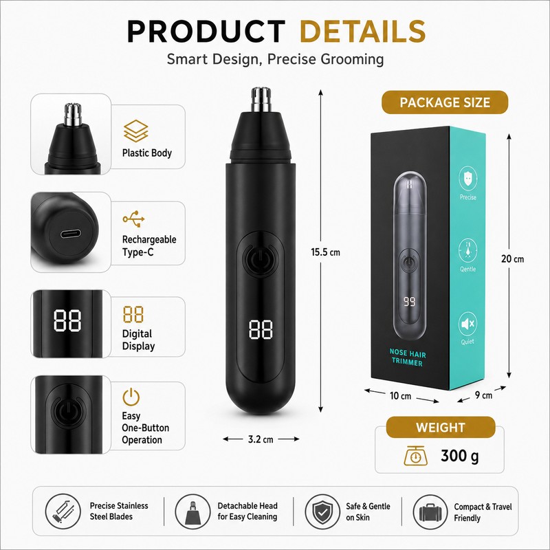 Rechargeable Nose Hair Trimmer for Men & Women – Type-C