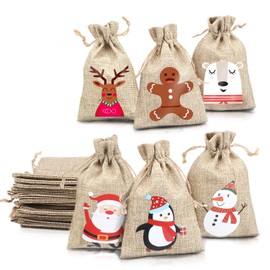 LOKIPA Christmas Jute Burlap Bags,12 pcs Xmas Jute Linen Burlap Drawstring Gift Treat Candy Bag for Xmas Favors