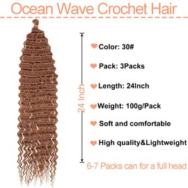 Mscat 24 Inch Ocean Wave 3Pack Crochet hair Extexsions Long Braids Brown Deep wave Synthetic hair Curly Braiding hair for Black Women 30#