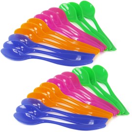 com-four® 24 x Plastic Egg Spoons - Reusable Dessert Spoons - BPA-Free Colourful Plastic Spoons for Baby Food, Jam, Dips - Reusable Cutlery - 14 cm (Pack of 24)