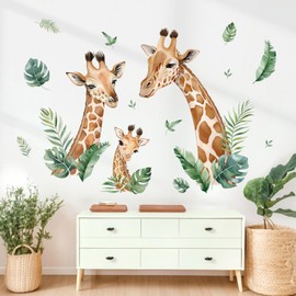 wondever Giraffe Family Wall Decals Tropical Leaves Peel and Stick Wall Art Stickers for Living Room Bedroom Nursery Children's Room