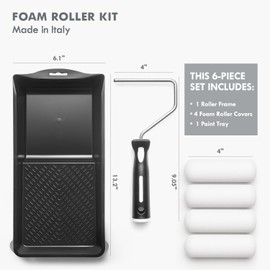 Remolika 6-Piece 4” Mini Foam Paint Roller Kit - Made in Italy, High-Density Foam Paint Roller Covers, Roller Frame, and Paint Tray, for Professional, Smooth Finish