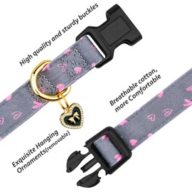 Cotton Handmade Dog Collar Cute and Distinctive Patterns Grey Heart with Pendant for Girl Boy Dogs Collars M