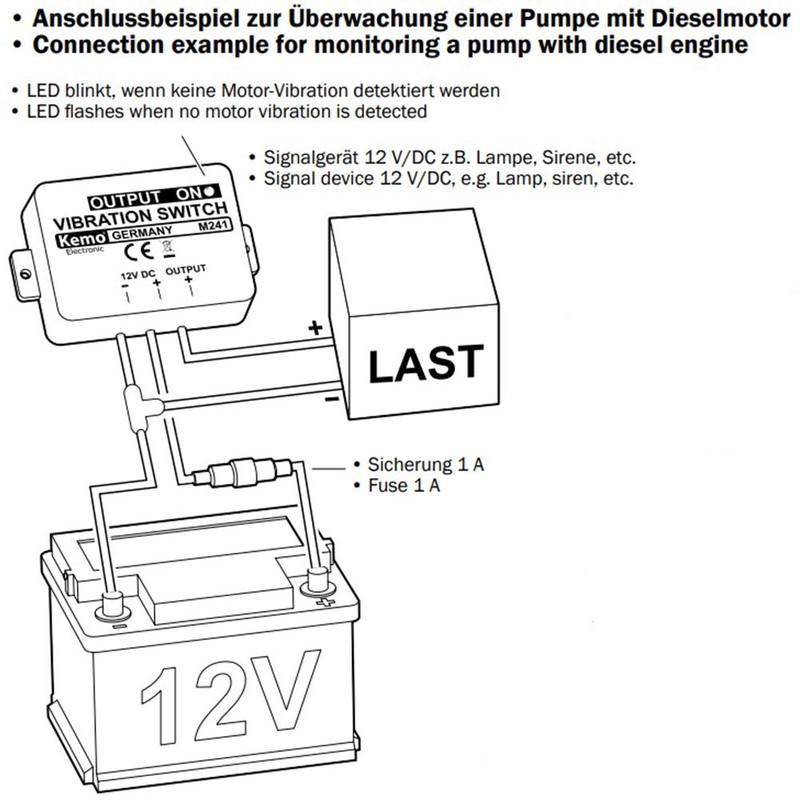 Kemo M241 Vibrating Switch 12V/DC. Vibration-On/Off When Standstill Operating Voltage