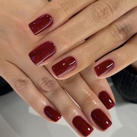 Pack of 24 Red False Nails, Square Nails for Sticking, Red Plain Artificial Fingernails for Gluing, Shiny Press on Nails Short with Full Coverage, Acrylic Fake Nail for Women