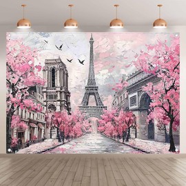 Luminora Oil Painting Paris Eiffel Tower Photography Background Spring Pink Cherry Sakura Flowers European City Street Background Party Decoration Photo Booth Banner