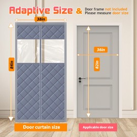 Thermal Curtain Fits 36" X 82" Magnetic Insulated Door Covers for Winter Blanket Insulation Thicken Cotton to Keep House Warm as Temporary Door to Soundproof (with Clear PVC Windows)