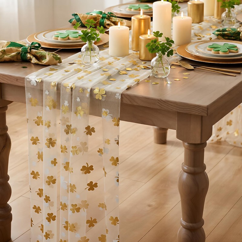 Beige Gauze Gold Shamrocks St.Patrick's Day Table Runner 120 Inch