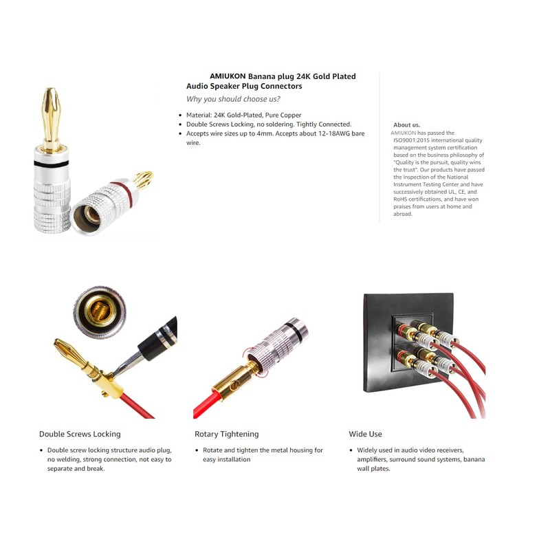 AMIUKON 24K Gold Plated Banana Plug Speaker Cable Connector Aluminum