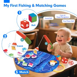hahaland Montessori Toys for 2 Year Old - Fishing Game for Toddlers 1-3 with Double-Sided Mat, Soft Dices, Fish, Rattle Poles, Game Cards, Baskets - Toddler Toys Shapes Colors Matching Games Ages 2-4