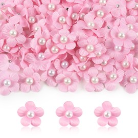 Luckforest Mini Faux Flower Embellishments, 50 Pcs Mini Artificial Flowers with Beading for Sewing on Apparel, Scrapbooking, Cards and DIY Crafts Accessories, Pink