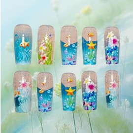 Short Press on Nails, Artificial Full Cover False Nails, Blue Creative Reusable Manicure Tool for Event Lady Cosplay Gathering Travel Holiday Girls