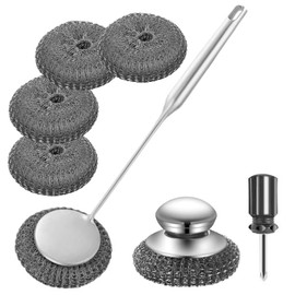 Stainless Steel Wool Metal Wire Scrubber Sponge Scouring Pads Brush Set with Handle for Cleaning Dishes,Pots and Pans,Kitchen Cast Iron,Stoves, Sink,Cooking Tools,Silver(7pcs)