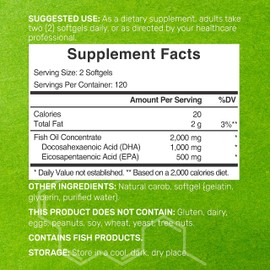 DHA Supplements | 240 Softgels, Burpless, Lemon Flavor, DHA 1000mg + EPA 500mg, Wild Caught Fish, Rich in Omega-3s, Mercury Free, Non-GMO, Support Brain Heart & Joint Health