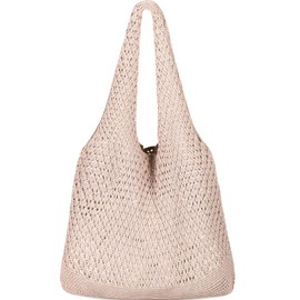 WantGor Crochet Bags, Beach Mesh Tote Bag Womens Shoulder Shopping Handbag Casual Travel Totes Bag Foldable Hobo Bags (Light Khaki)