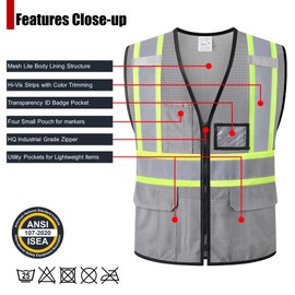 HATAUNKI Reflective Safety Vest for Men Women Hi Vis Vest with Pockets High Visibility Vest Mesh Construction Vests Meets ANSI/ISEA Standards (Grey-33, XX-Large)