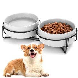 Ceramic Dog and Cat Bowl Set with Stand, 1.7 Cups Dog Food and Water Bowl Suitable for Small and Medium Pets (13.5oz White)