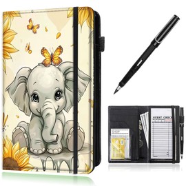 Server Book,Waitress Book,Waiter Book Server Organizer with Zipper Pocket,Leather Waitress & Waitstaff Book Wallet with Card Slot Guest Check Holder 9 x 5 Inch Server Book,Cute Elephant Sunflower -418