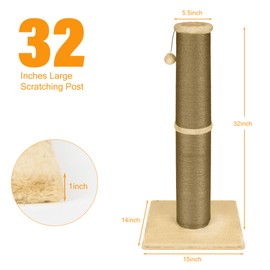 PAWSCRAT Cat Scratching Post 32 Inch High, 5.5 Inch Large Diameter Natural Sisal Cat Scratch Post, Scratch-Resistant and Durable Tall Cat Scratcher for Indoor Cats, Protect Your Furniture, Yellow