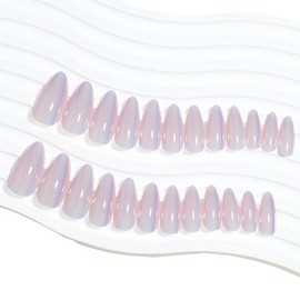 Light Pink Chrome Press on Nails Medium Almond Fake Nails Aurora False Nails with Design Glossy Glue on Nails Full Cover Sick on Nails Artificial Acrylic Nails for Women Girls Manicure 24Pcs