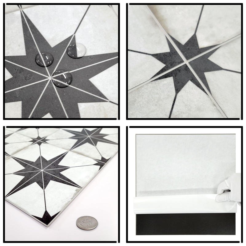 The Tiles Plaza Encaustic Peel and Stick Backsplash, Black Star