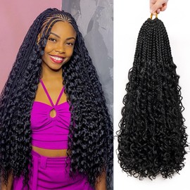 Eerya 8 Packs Boho Goddess Box Braids Crochet Hair for Black Women 22 inch Pre-looped Bohemian Crochet Box Braids With Curly Ends Synthetic Crochet Hair Extensions (22 inch, 1B)
