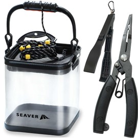 SEAVER Fishing Bucket, Transparent, 3-Piece Set, Fish Can Be Seen at a Glance, Fishing Tackle for Water Drawing, Foldable, Pliers, Fish Grip, 7.9 inches (20 cm), 9.4 inches (24 cm)