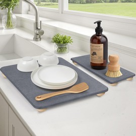 Stone Dish Drying Mat For Kitchen Counter,Super Absorbant Fast Drying Diatomaceous Earth Dish Drying mat with wooden feet, Non-slip, Heat Resistant, Multi-purposeKitchen Sink Tray.