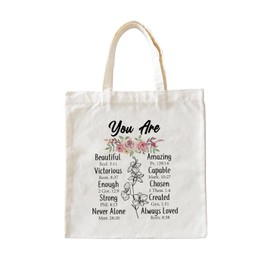 Zeghk Christian Canvas Tote Bag, Bible Flowers Reusable Grocery, Cotton Totes Bag for Shopping,Bag, Women's You are, Christian Gift