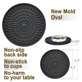 KindGa Coasters for Drinks Black, Absorbent Rubber Coaster Set, Silicone Drink Coasters for Large Mug/Cup/Bottle, Deep Tray 4.3 Inch Oval Shape Jar Opener Heat-Resistant Grips (Set of 8)