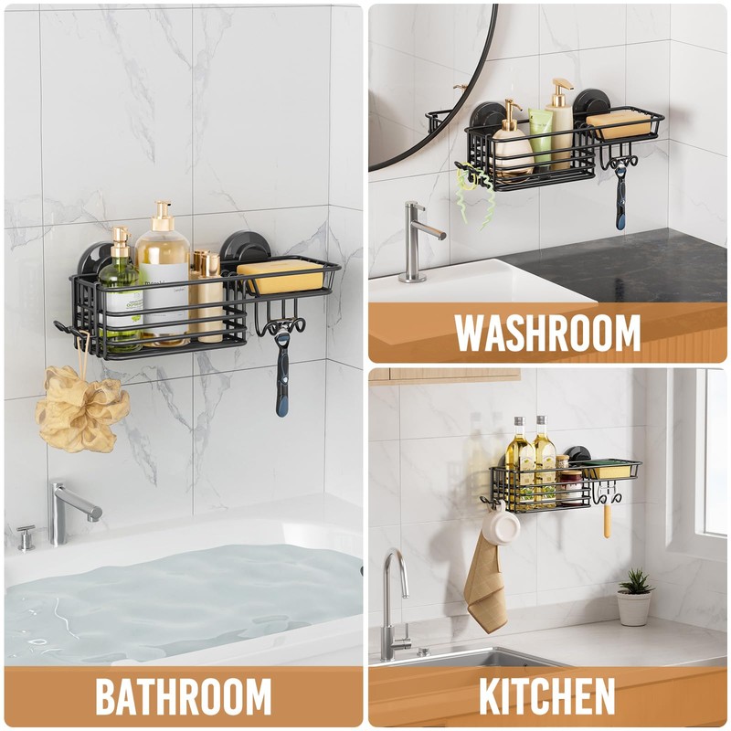 LEVERLOC Shower Caddy Suction Cup, Black Shower Shelf with Hooks